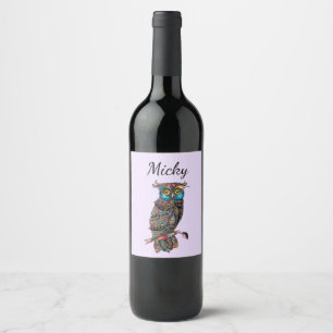 Etiqueta Para Botella De Vino Magnífica Y Adorable Lechuza Púrpura