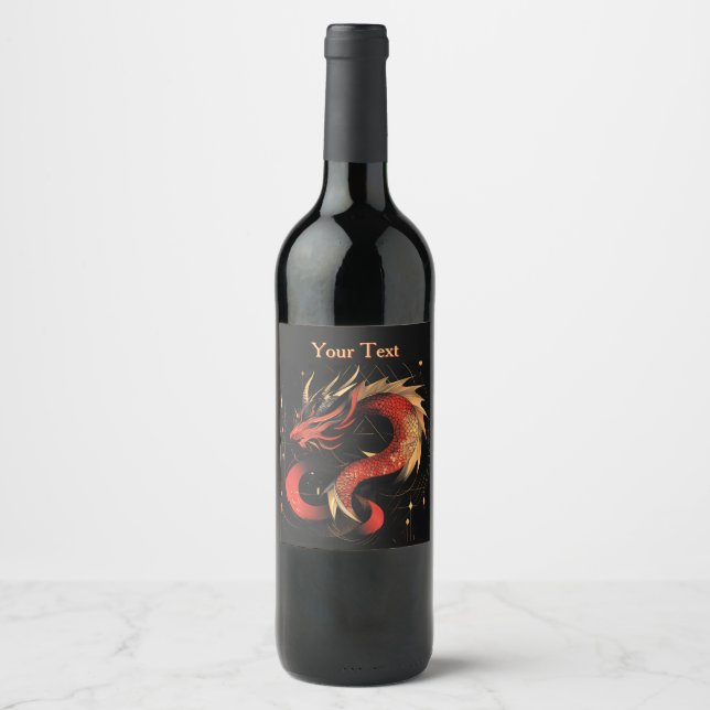 Etiqueta Para Botella De Vino Majestuoso Arte Dragón Chino Rojo y Oro (Anverso)