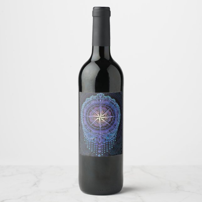 Etiqueta Para Botella De Vino Mandala de brújula celeste (Anverso)