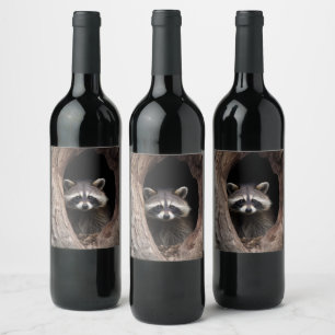 Etiqueta Para Botella De Vino Mapache en cueva de árbol