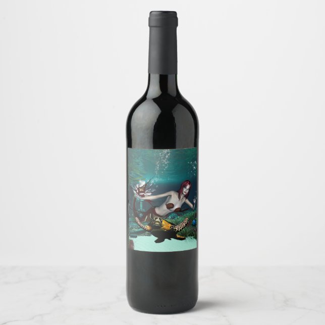 Etiqueta Para Botella De Vino Maravillosa sirena con tortuga (Anverso)