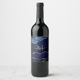 Etiqueta Para Botella De Vino Marble azul marino Monograma nombre frasco