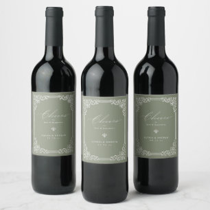 Etiqueta Para Botella De Vino Marco Antiguo Verde Salvia Elegante Boda de Aplaus