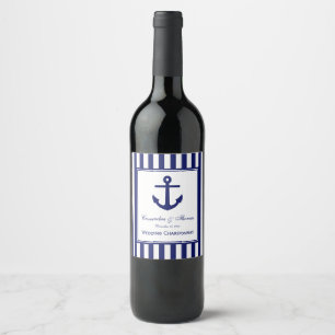 Etiqueta Para Botella De Vino Marco azul 2 de la Marina Anchor, banda blanca DIY