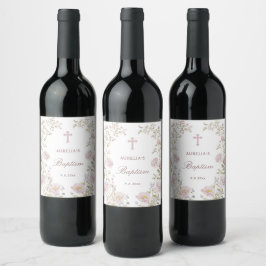 Etiqueta Para Botella De Vino Marco floral rosado Bautizo