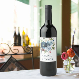 Etiqueta Para Botella De Vino Marina y Dusty Blue Elegent acuarela floral