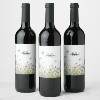 Etiqueta Para Botella De Vino Mariposa azul de flor de flor silvestre colorida e