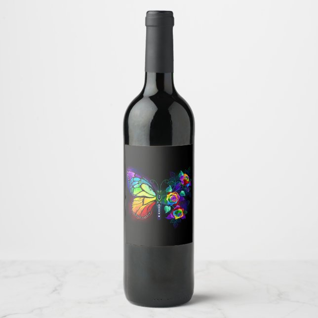 Etiqueta Para Botella De Vino Mariposa florida arcoiris (Anverso)