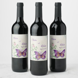 Etiqueta Para Botella De Vino Mariposa morada acuarela personalizada