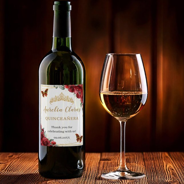 Etiqueta Para Botella De Vino Mariposas Florales Rojas Cumpleaños Quinceañera Do (Subido por el creador)