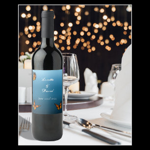 Etiqueta Para Botella De Vino Mariposas monarcas Azul Ombre