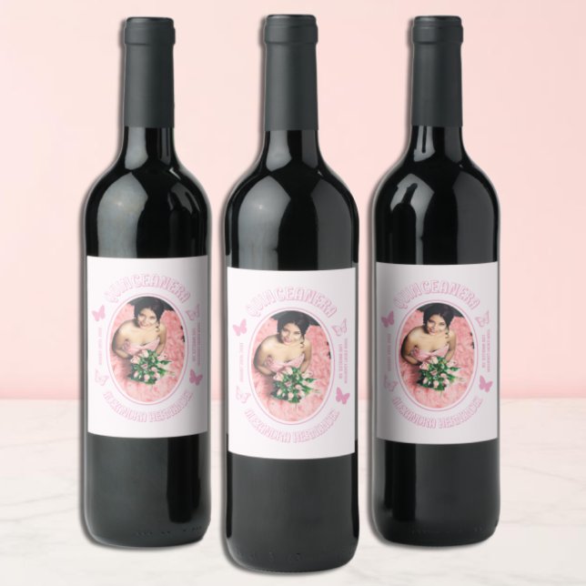 Etiqueta Para Botella De Vino Mariposas rosadas Quinceanera (Subido por el creador)