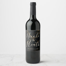 Etiqueta Para Botella De Vino Mármol de Medianoche Dorado Negro y Dorado Boda
