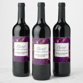 Etiqueta Para Botella De Vino Mármol morado y dorado Boda moderno