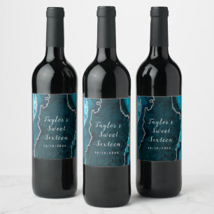 Etiqueta Para Botella De Vino Mármol verde azulado y plateado agate 16