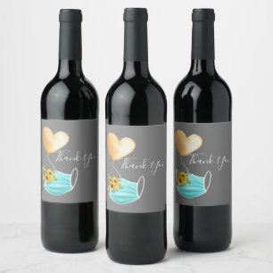 Etiqueta Para Botella De Vino Máscara De Cara Y Flores De Covid Gracias