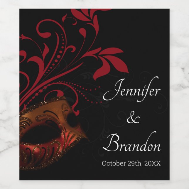 Etiqueta Para Botella De Vino Máscara floral roja (Etiqueta única)