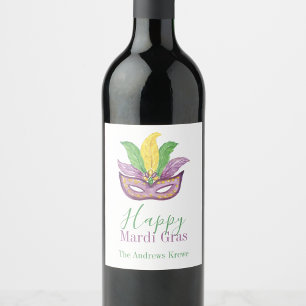 Etiqueta Para Botella De Vino Máscaras de Mardi Gras con Acuarela Corona de King
