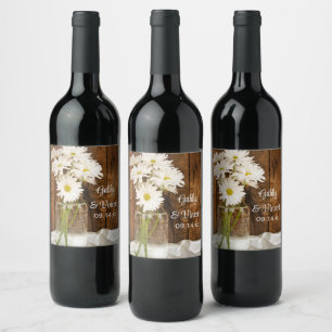 Etiqueta Para Botella De Vino Mason Jar y White Daisies Country Wedding