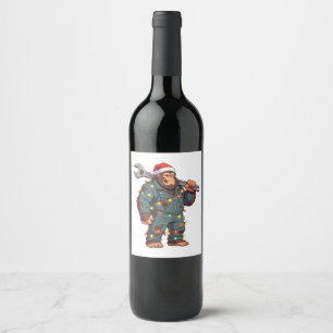 Etiqueta Para Botella De Vino Mecánico de Bigfoot Sasquatch Navidad Cuello Azul