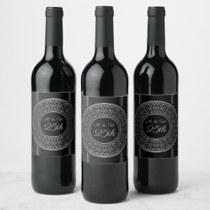Etiqueta Para Botella De Vino Medalla de plata con monograma del 25 aniversario