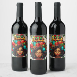 Etiqueta Para Botella De Vino Melanin Navidad a la reina natural africana