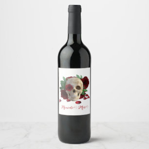 Etiqueta Para Botella De Vino Memento Mori. Cráneo con rosas rojas
