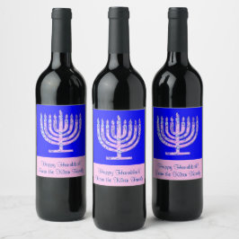 Etiqueta Para Botella De Vino Menorah Hanukkah Cobalt Azul tu texto