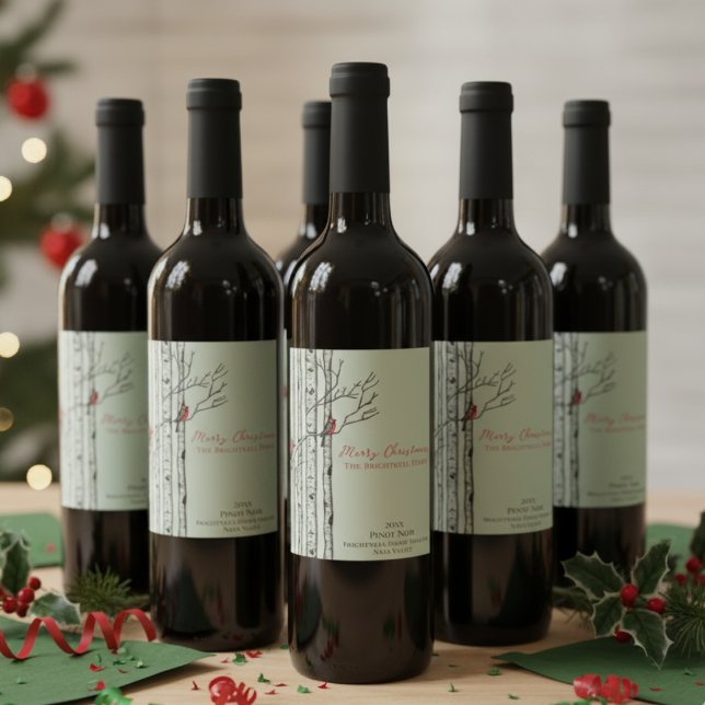 Etiqueta Para Botella De Vino Merry Christmas Birch Trees & Cardinal Birds Sage (Simple Sage Rustic Cardinal Birds in Birch Tree Forest Festive  Merry Christmas Wine Label Xmas Gift)