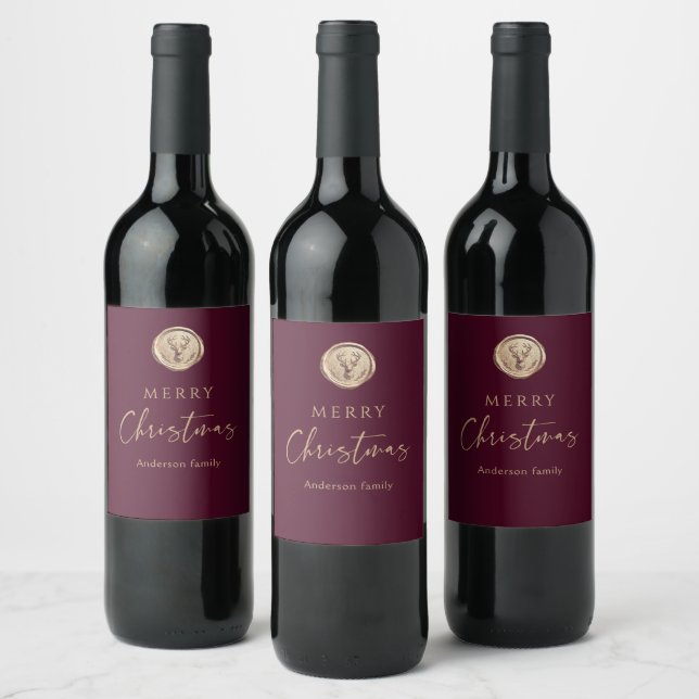 Etiqueta Para Botella De Vino Merry Christmas Burgundy Red Festive (Botellas)