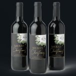 Etiqueta Para Botella De Vino Merry Christmas Corporate logo Wreath Holiday<br><div class="desc">Eleva tus regalos corporativos de vacaciones con estas etiquetas de Personalizado de Feliz Navidad. Personalice cada etiqueta con el logotipo, el mensaje y el nombre de su empresa en un fondo negro de moda con "Feliz Navidad" en un elegante tono dorado impreso. Una elegante cortina de flores verdes y blancas...</div>