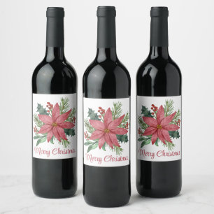 Etiqueta Para Botella De Vino Merry Christmas Fiesta Poinsettia Red Floral