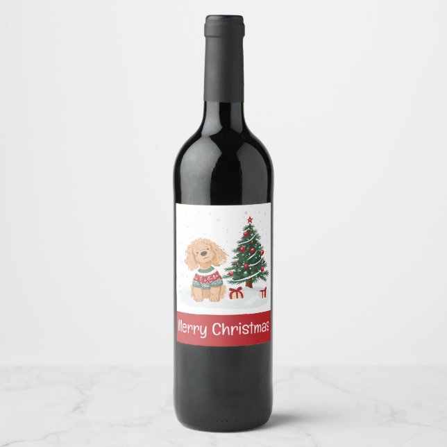 Etiqueta Para Botella De Vino Merry Christmas Goldendoodle Dog (Anverso)