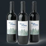 Etiqueta Para Botella De Vino Merry Christmas tree forest Watercolor script<br><div class="desc">Merry Christmas tree forest Guión de brocha de color de agua Moderno</div>