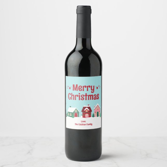 Etiqueta Para Botella De Vino Merry Christmas Village Wine Label (Anverso)