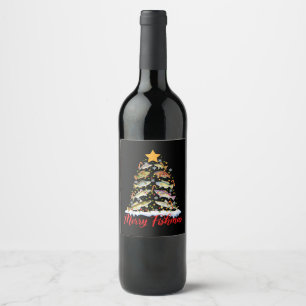 Etiqueta Para Botella De Vino Merry Fishmas Divertido Árbol de Navidad Ilumina F