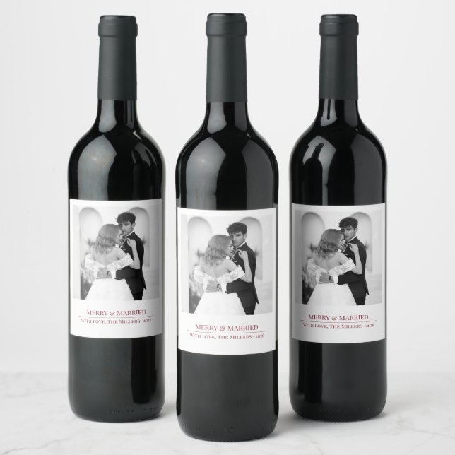Etiqueta Para Botella De Vino Merry & Married - Personalized Newlywed Christmas  (Botellas)