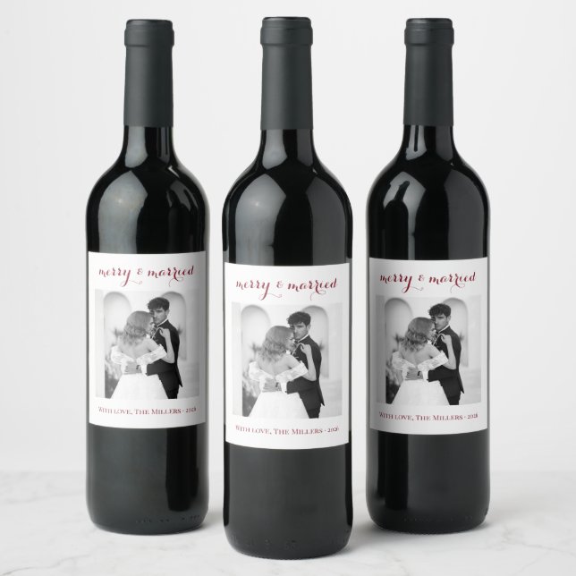 Etiqueta Para Botella De Vino Merry & Married - Personalized Newlywed Christmas  (Botellas)