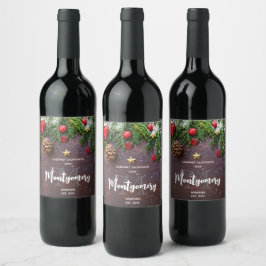 Etiqueta Para Botella De Vino Mesa de Navidad Rústica con Vino de Pino y Nieve