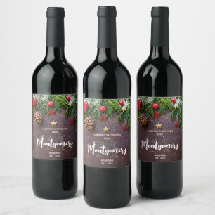 Etiqueta Para Botella De Vino Mesa de Navidad Rústica con Vino de Pino y Nieve