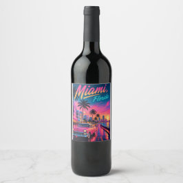 Etiqueta Para Botella De Vino Miami Florida Retro Neon Atardecer Viaje