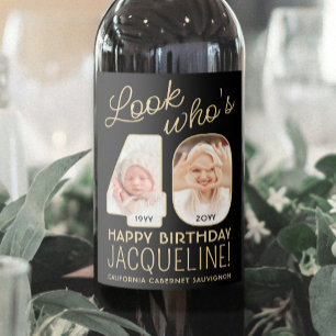 Etiqueta Para Botella De Vino Mira Quien Cumple 40 Años Cumpleaños Negro y Dorad