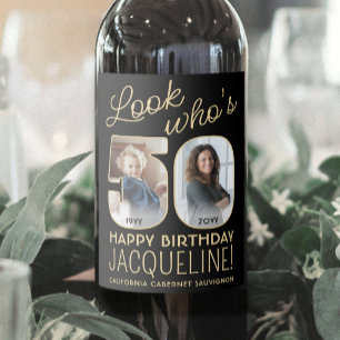 Etiqueta Para Botella De Vino Mira Quien Cumple 50 Años Cumpleaños Negro y Dorad
