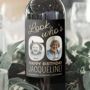 Etiqueta Para Botella De Vino Mira Quién Cumple 60 Años Cumpleaños Negro y Dorad
