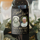 Etiqueta Para Botella De Vino Mira quién es 80 Black & Gold 2 Photo Birthday Par<br><div class="desc">¡Mira quién tiene 80 años! Añada un toque elegante y personalizado a las decoraciones de la fiesta de cumpleaños número 80 para él o ella con las etiquetas de las botellas de personalizado negro y oro. Las imágenes y la redacción de esta plantilla son sencillas para el personalizar. (IMAGEN PLACEMENT...</div>