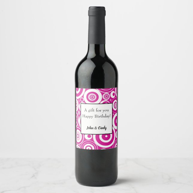 Etiqueta Para Botella De Vino Mod Círculos Retro Concéntricos Rosa y Blanco (Anverso)