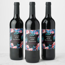 Etiqueta Para Botella De Vino Moda acuarela Floral 40 cumpleaños feliz negro