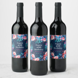 Etiqueta Para Botella De Vino Moda acuarela Floral 40 Feliz cumpleaños