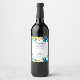Etiqueta Para Botella De Vino Moda Boda floral amarillo azul Gracias mensaje