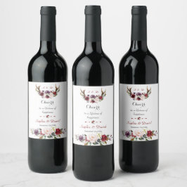 Etiqueta Para Botella De Vino Moda Borgoña Rubor Plum Floral Antlers Boda